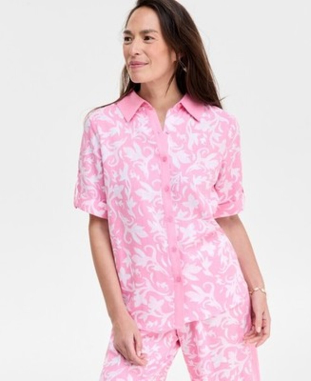 JM Collection Linen Blend Printed Button-Up Shirt Women's XXL Pink Petunia